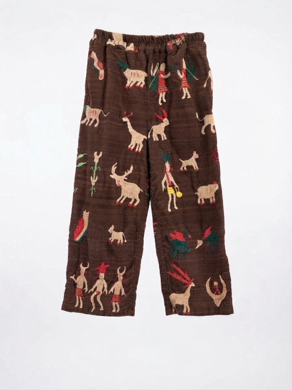Vintage Folk Art Tapestry Pants Brown Embroidered Indigenous Animal Motifs Boho